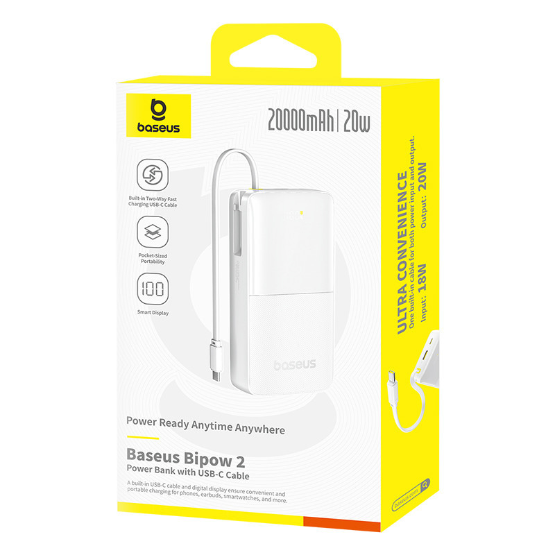 Павербанк 20000 mAh Baseus Bipow 2 20W Type-C быстрая зарядка цифровой дисплей встроенный кабель Type-C power bank повербанк Одесса - изображение 2