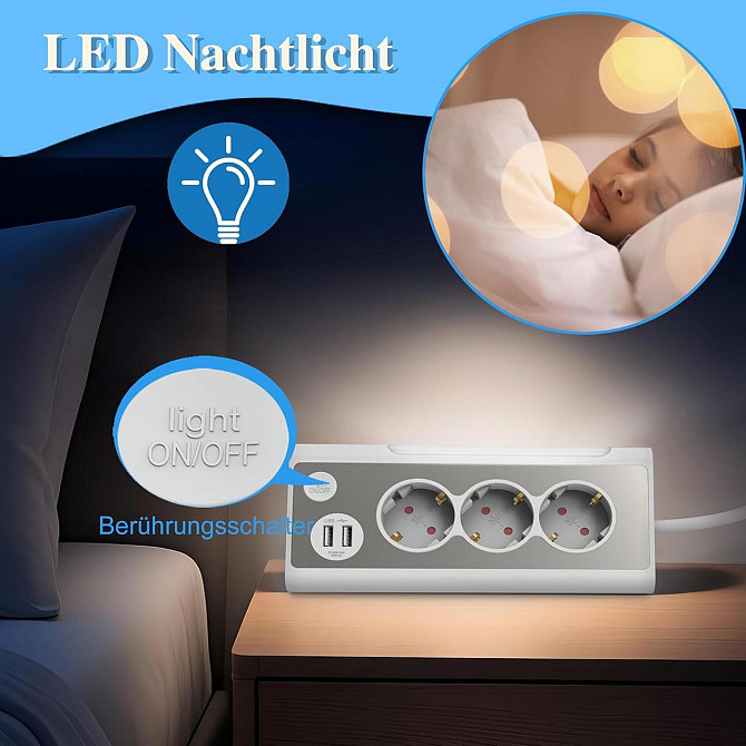 Удлинитель розетка угловая 1.5 м, 3 евророзетки, 2 USB, LED-ночник нержавеющая панель защита от пере Киев - изображение 4