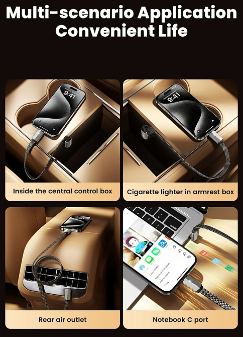 Кабель USB-C — USB-C 60W, міцний нейлоновий, швидка зарядка PD, металевий корпус, кутовий штекер + LED індикатор (1м) Николаев - изображение 3