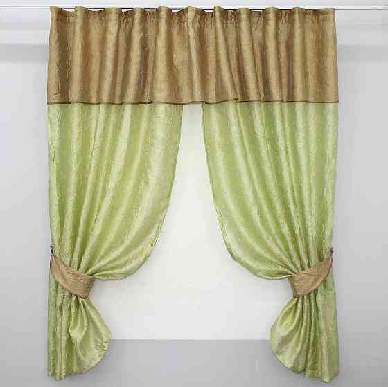 Кухонные шторы VR-Textil № 073к с ламбрекеном и подхватами салатовый с золотистым 270х170 см (52-0155) Киев