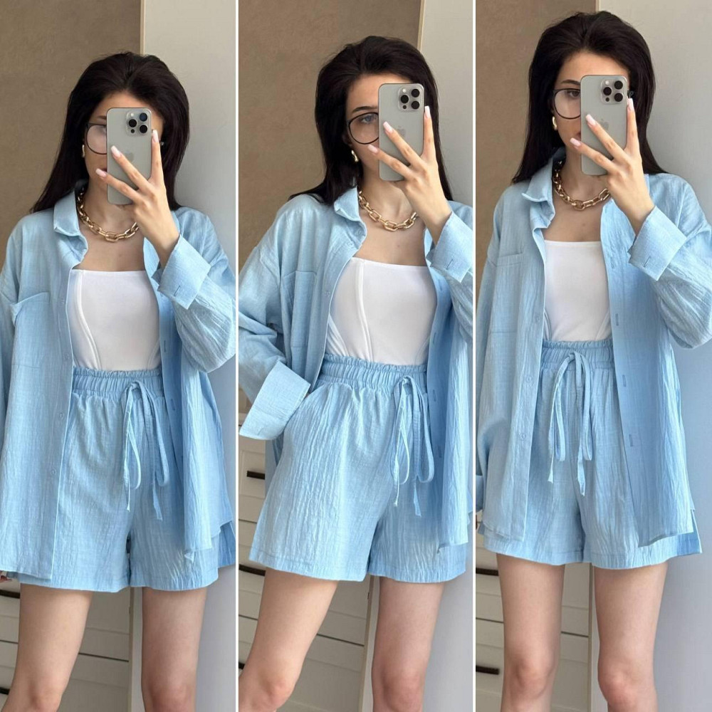 Жіночий літній костюм-двійка: сорочка та шорти турецький льон жатка Блакитний, 42/44 Одеса - фото 1