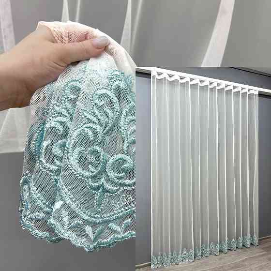 Тюль VR-Textil 1696т Грек-сетка с вышивкой и люрексом Молочный с бирюзовым 300х270 см (42-0737) Киев