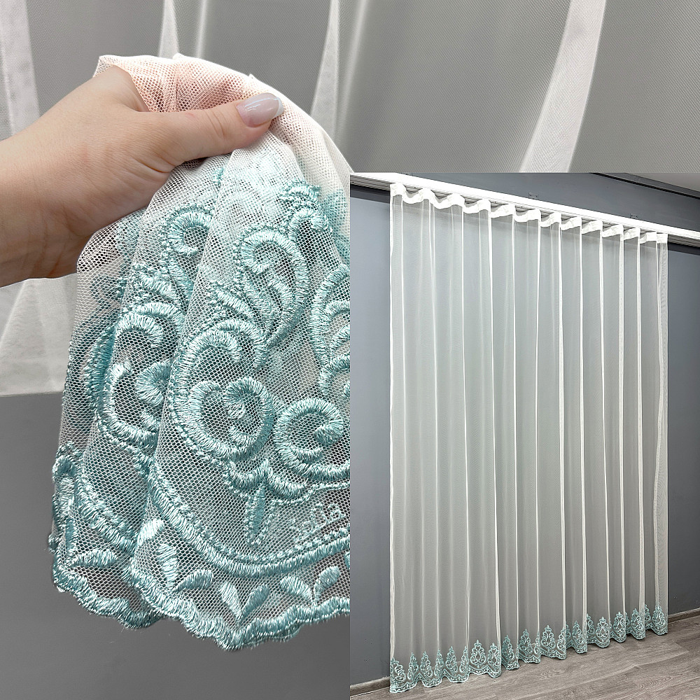 Тюль VR-Textil 1696т Грек-сетка с вышивкой и люрексом Молочный с бирюзовым 300х270 см (42-0737) Киев - изображение 1