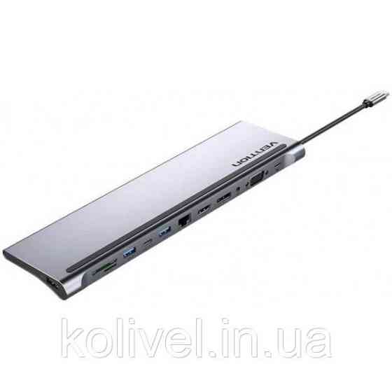 Док-станція USB3.1 Type-C --> DP/HDMI/VGA/USB-C/USB3.0x3/RJ45/SD/TF/TRRS 3.5mm/PD 100W Vention 12in1 (THSHC) Киев