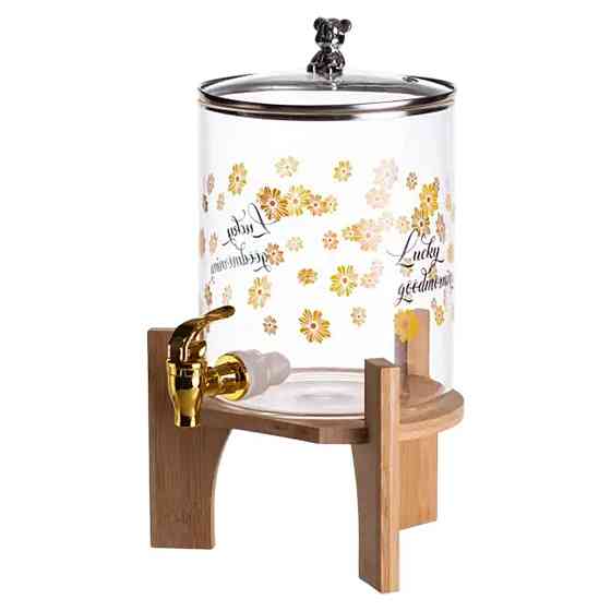 Лимонадница с краном на деревянной подставке 3.6 л стеклянная лимонадница диспенсер для напитков HP-34-17 Киев