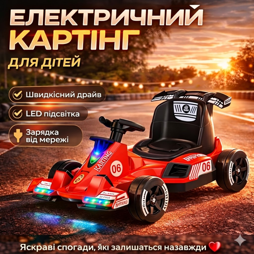 Електричний картинг дитячий з LED підсвіткою, акумуляторний карт для дітей, швидкісний, спортивний дизайн Київ - фото 1