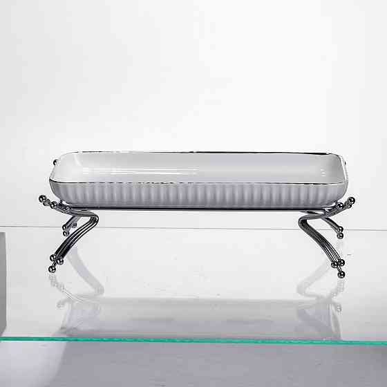 Порцелянове блюдо для сервірування на металевій підставці 29,5×12×9 (см) Біле зі сріблом LB-1565S Київ