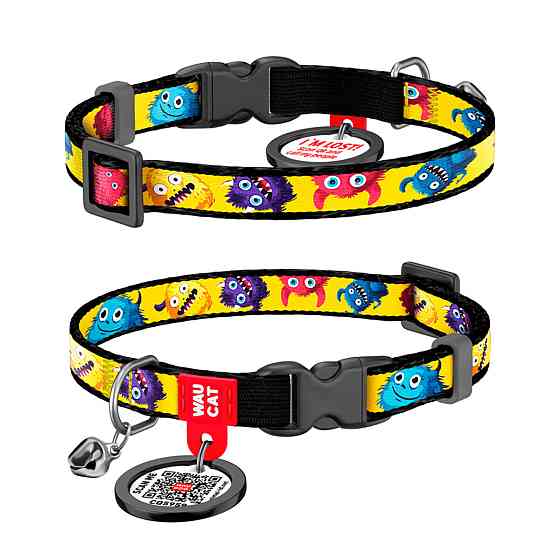 Нашийник для котів нейлоновий WAUCAT Nylon з QR паспортом, малюнок "Мохнаті монстри", пластиковий фастекс, XS, Ш 10 мм, Дов 20-30 см Київ