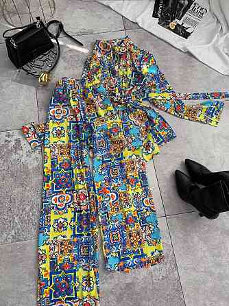 Женский легкий принтованный костюм двойка турецкий шелк Желтый, 42/44 Одесса
