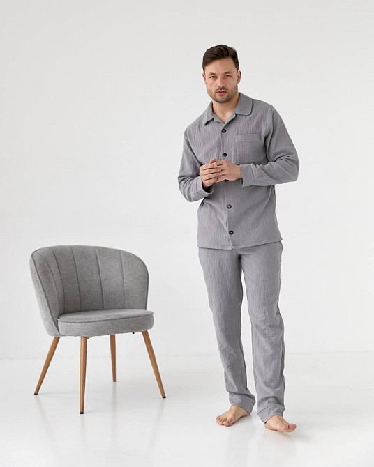 Мужская пижама муслиновая Серый S Харьков - изображение 1