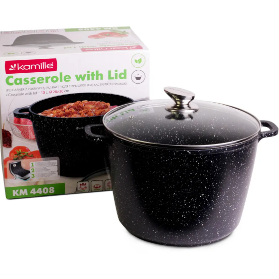 Каструля литий алюміній глибока 10л 28*20см скляна кришка а/п Black marble 4408 KAMILLE Житомир - фото 5