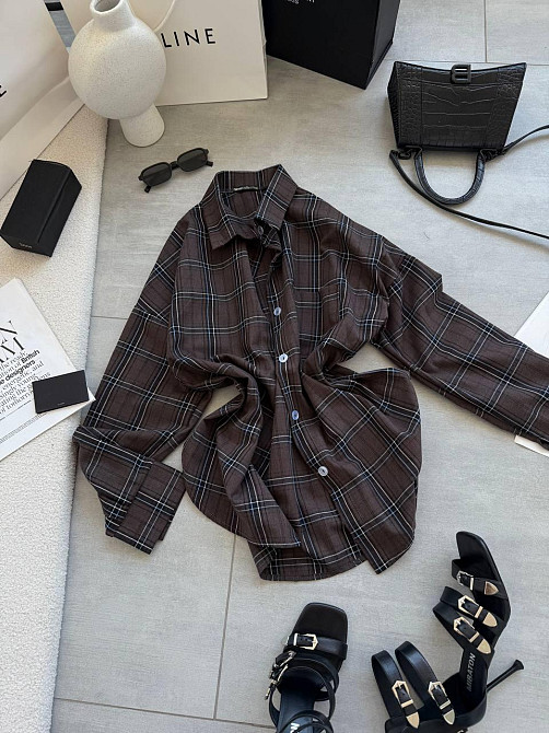 Женская стильная оверсайз рубашка в клетку фланель 100% коттон Шоколад 2 Одесса - изображение 4