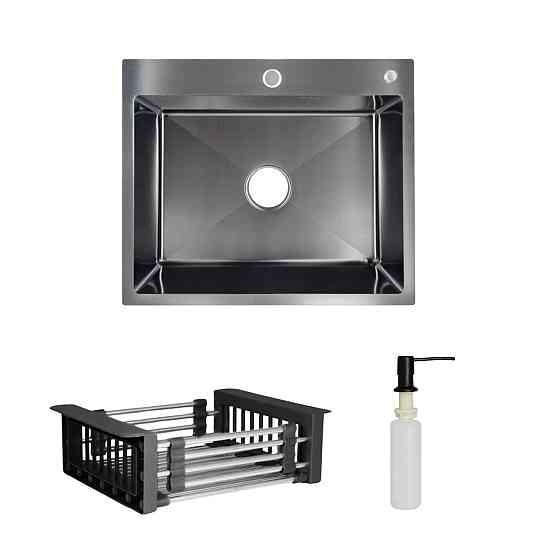 Комплект Lidz Handmade H6050B Мийка для кухні інтегрована BlackPVD у комплекті з дозатором + Lidz K01B Кошик для кухонної Київ