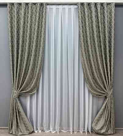 Комплект готовых штор VR-Textil Жаккард SAPFIR № 1753ш Серый с бирюзовым 150х300 см 2 шт (33-0710) Киев