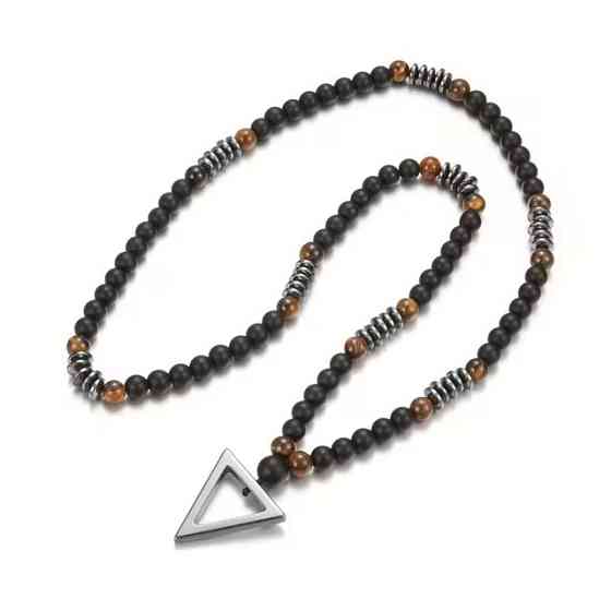 Ожерелье из чёрного агата и тигрового глаза с треугольной подвеской Киев