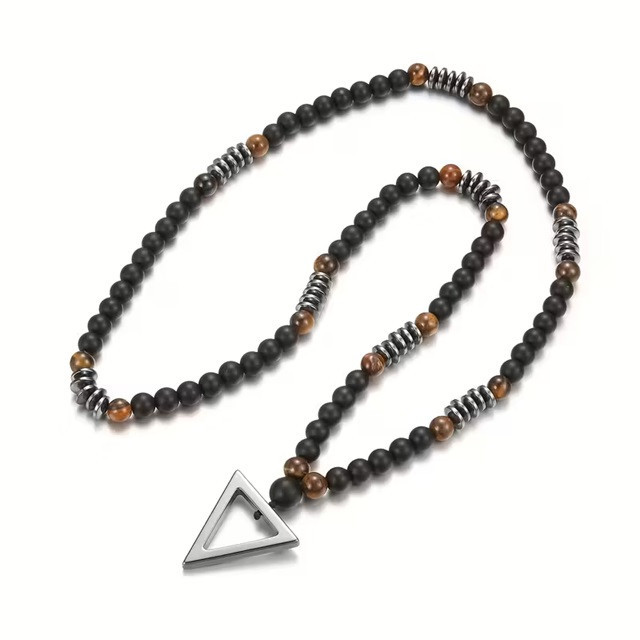Ожерелье из чёрного агата и тигрового глаза с треугольной подвеской Киев - изображение 2