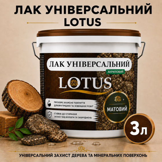 Лак універсальний акриловий LOTUS прозорий матовий без запаху зносостійкий для дерева, каменю, бетону та інших поверхонь 3 л Харків