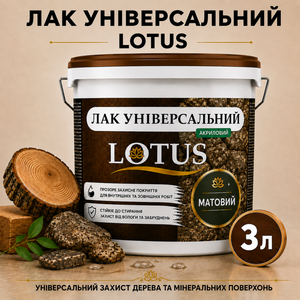 Лак універсальний акриловий LOTUS прозорий матовий без запаху зносостійкий для дерева, каменю, бетону та інших поверхонь 3 л Харків - фото 5
