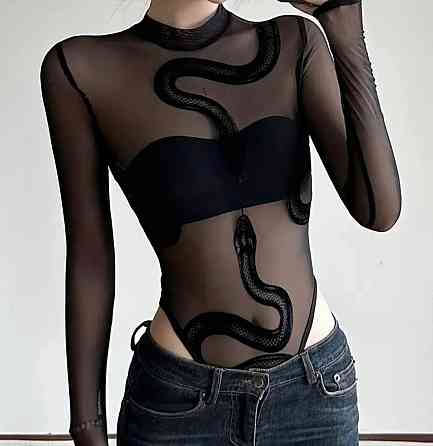 Жіночий стильний напівпрозорий боді з малюнком змії стрейч сітка 46/48 Одеса