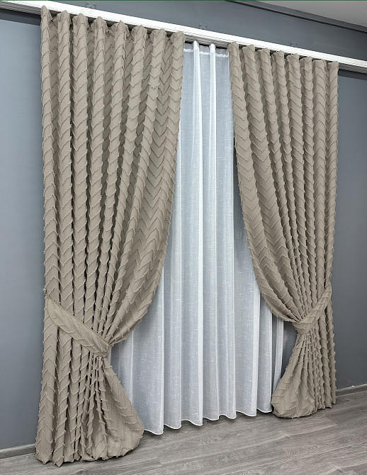 Комплект штор VR-Textil Лен Букле 200х270 2шт и Тюль 600х270 1809ш-115т Тауп с белым 71-043/7 Киев - изображение 2