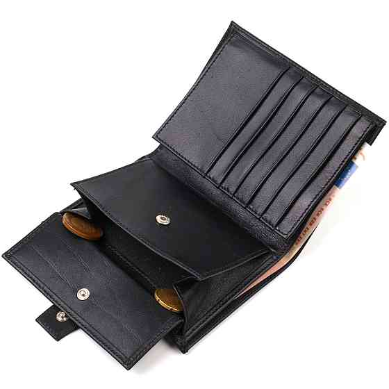 Классическое вертикальное мужское портмоне среднего размера из натуральной гладкой кожи Черное (CANPELLINI) Киев
