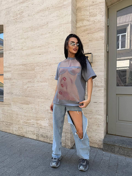 Женская стильная оверсайз футболка с накатом турецкий кулир Пепел Одесса - изображение 5