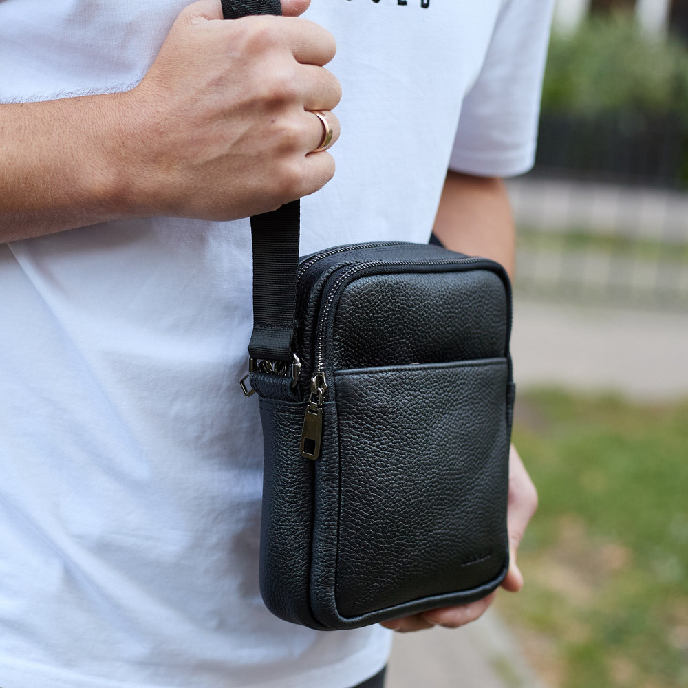 Чоловіча барсетка через плече, чорна, зерниста шкіра Київ - фото 4