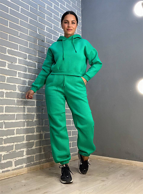 Костюм женский Quzen 478-480 короткое худи с капюшоном и брюки джоггеры на резинке флис зеленый, зеленый, S Киев - изображение 15