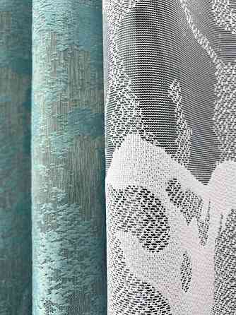 Комплект штор VR-Textil Жакард Мармур 150х270 2шт і Тюль 600х270 1292ш-1529т Бірюзовий з білим 71-185/5 Київ