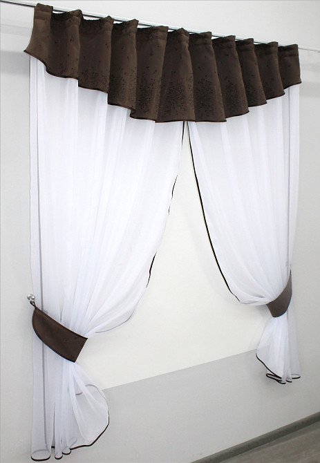 Кухонный комплект VR-Textil № 084к шторки с ламбрекеном белый с коричневым 270х170 см (52-0634) Киев - изображение 2
