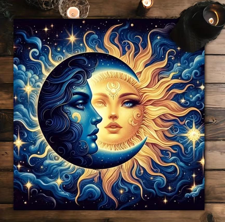Вівтарна скатертина для карт Таро та Рун. Скатертина для ворожіння 75*75 см. Скатертина із зображенням Місяця та Сонця Київ - фото 1