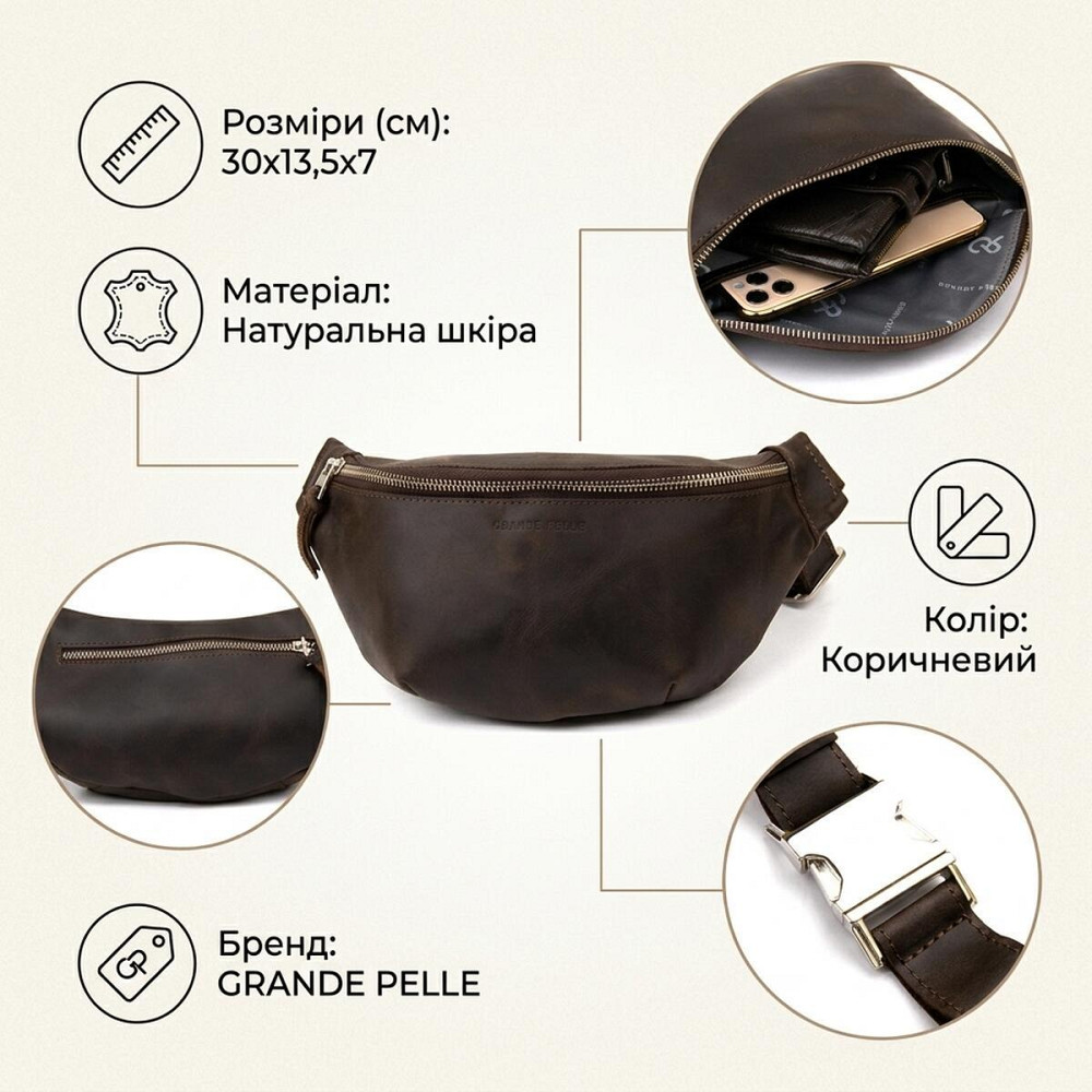 Бананка в винтажной коже GRANDE PELLE 11154 Коричневая Киев - изображение 13