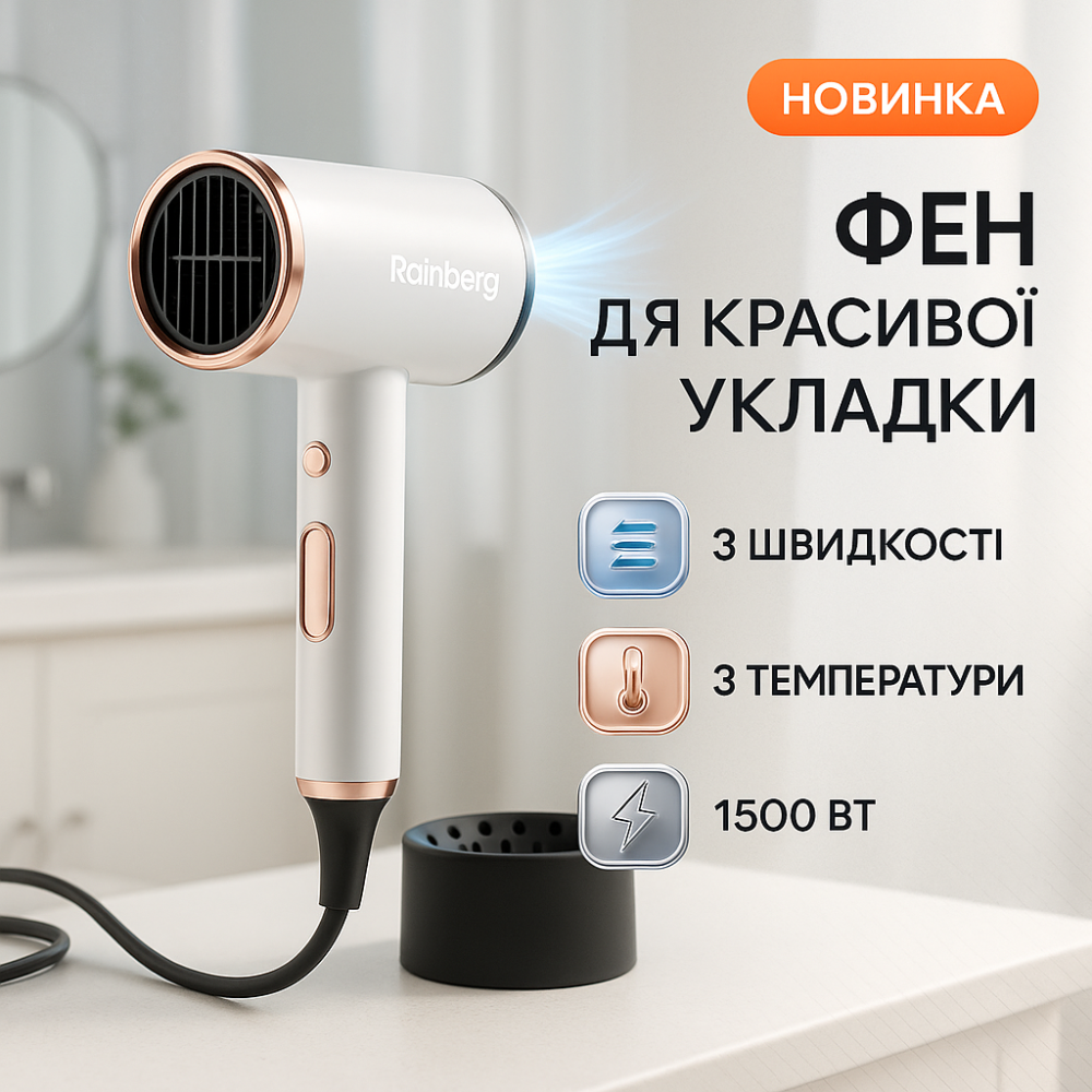 Фен для укладання волосся з функцією іонізації Rainberg RB-2260 1500Вт, Електрофен з насадками FB-88 Львів - фото 15