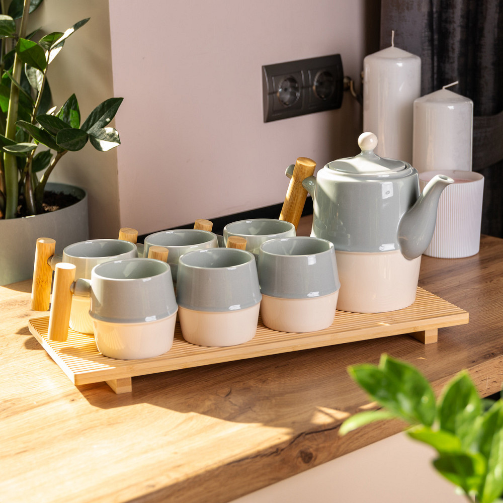 Yiwu Чайний сервіз на 6 персон з бамбуковою підставкою сірий HP-15-22 Киев - изображение 7