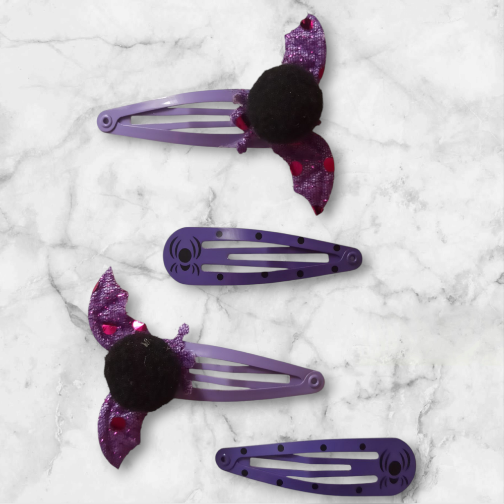 Набор 2 заколки с принтом паук и 2 заколки с летучей мышей для волос на Хэллоуин фиолетовый Киев - изображение 1