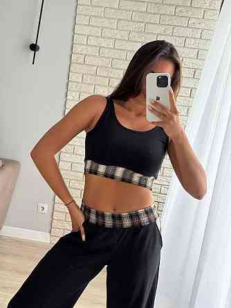 Жіночий прогулянковий костюм-трійка: сорочка в клітинку топ і штани фланель + двонитка Шоколад, 42/44 Одеса