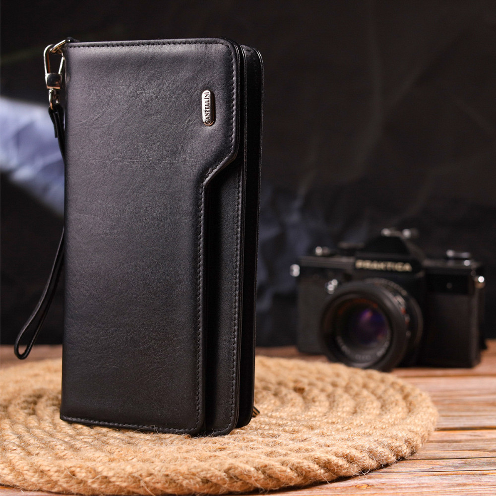 Практичне портмоне клатч із натуральної гладкої шкіри CANPELLINI 21540 Чорне Київ - фото 3