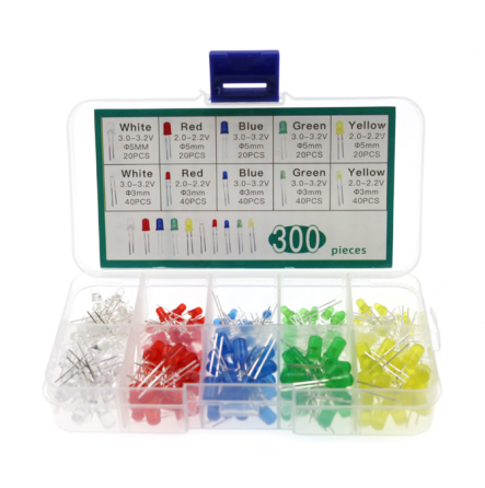 LED світлодіоди 3/5 мм, 300 шт, набір 5 кольорів у пластиковому кейсі, для паяння та електроніки MasterSem Київ