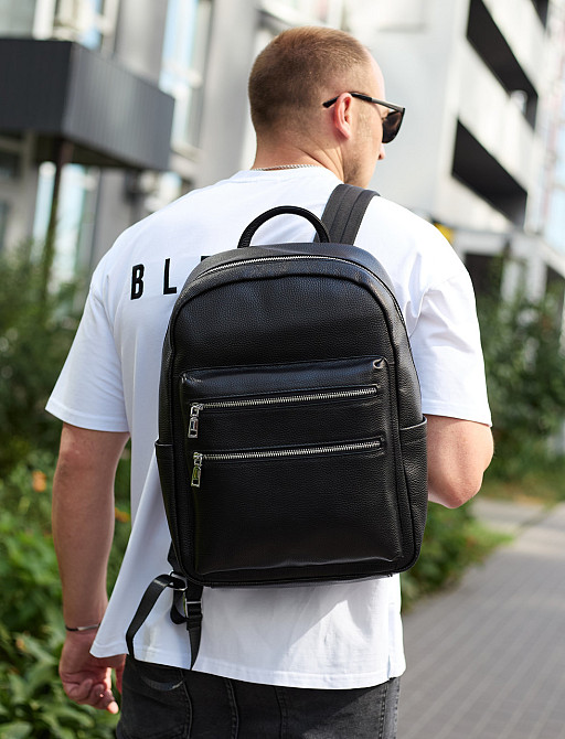Чорний чоловічий рюкзак з натуральної шкіри для ноутбука Київ - фото 4