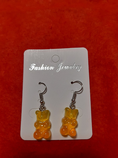 Детские сережки желейные мишки, с блетсками, оранжевый+желтый - размер 1,6*1см, смола Киев - изображение 1