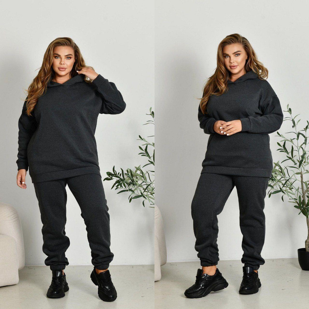 Женский прогулочный костюм: худи и штаны батал в спортивном стиле трехнитка на флисе Графит, 60/62 Одесса - изображение 1