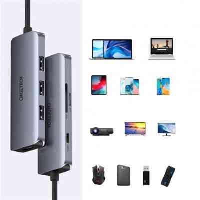 Концентратор Choetech USB-C 7-in-1 3хUSB 3.0+USB-C PD100W+HDMI 4K 30HZ+SD/TF USB3.1 (HUB-M19-GY) Винница