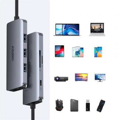 Концентратор Choetech USB-C 7-in-1 3хUSB 3.0+USB-C PD100W+HDMI 4K 30HZ+SD/TF USB3.1 (HUB-M19-GY) Вінниця - фото 3