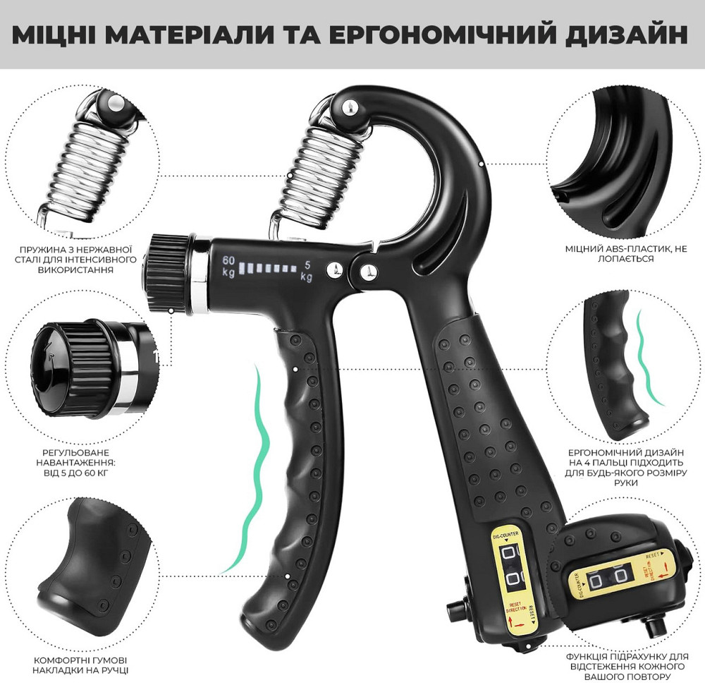Еспандер кистьовий з лічильником PowerPlay PP-4402 з регульованим навантаженням 10-60 кг. Чорний Каменское - изображение 2