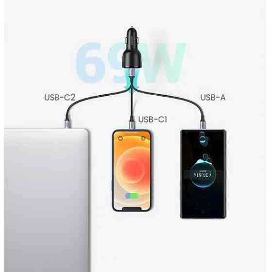 Автозарядка 3xUSB 69W (USB-C+USB-A) QC 3.0 Чорна (CD239) UGREEN (20467) Киев