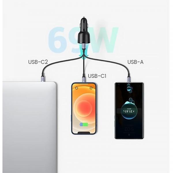 Автозарядка 3xUSB 69W (USB-C+USB-A) QC 3.0 Чорна (CD239) UGREEN (20467) Київ - фото 5