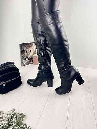 Ботфорти жіночі 14 чорні натуральна шкіра висота 43 см каблук 8 см обхват гомілки 36-38 см (170 Коломыя