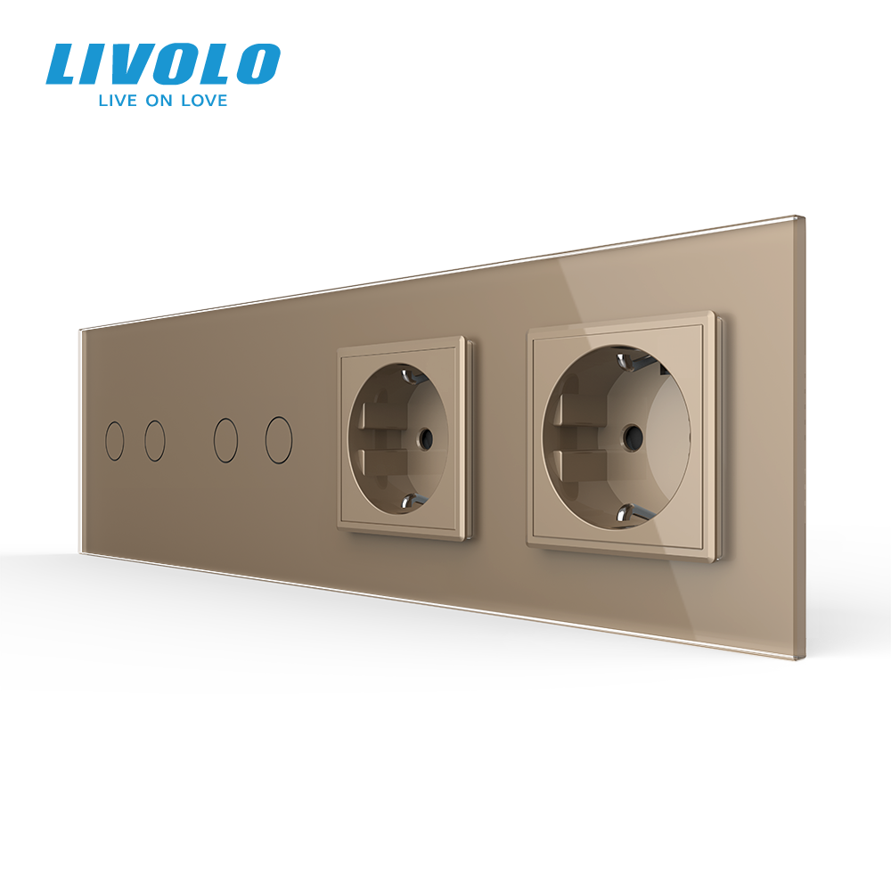Сенсорний вимикач 4 сенсора (2-2) 2 розетки Livolo золото скло (VL-C702/C702/C7C2EU-13) Коломыя - изображение 6