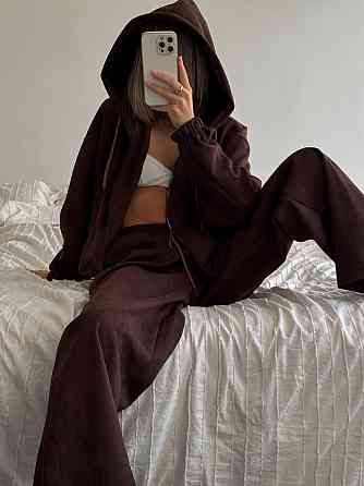 Женский базовый костюм двойка: кофта и брюки замша Шоколад Одесса