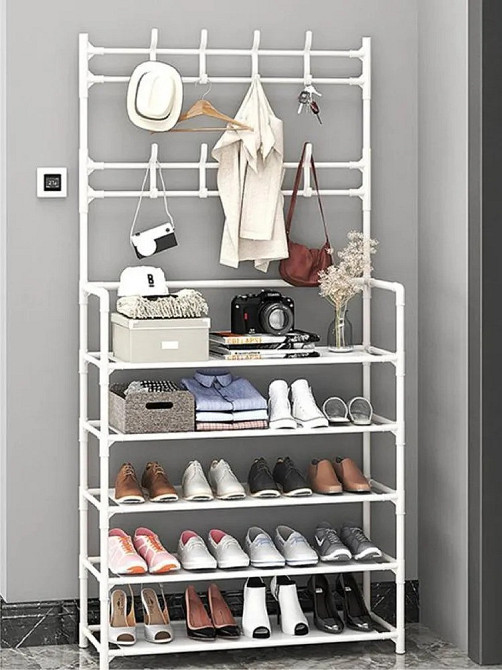 Полочка с вешаком для прихожей 25х60х150, Органайзер для обуви и одежды с 6 полками, Белого цвета Каменец-Подольский - изображение 1